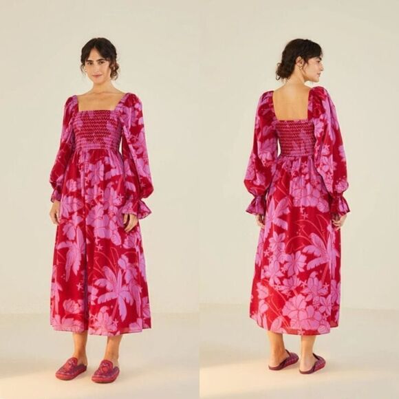 Farm Rio Living Nature Burgundy Long Smocked Maxi Dress - Picture 1 of 11